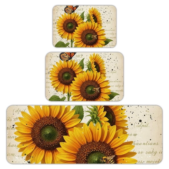 RKSupls Kitchen Rug Set 3 Piece Anti-Slip Flannel Floor Mats, Sunflower(1) Washable Absorbent Runner Mats for Kitchen Bathroom Home Decor