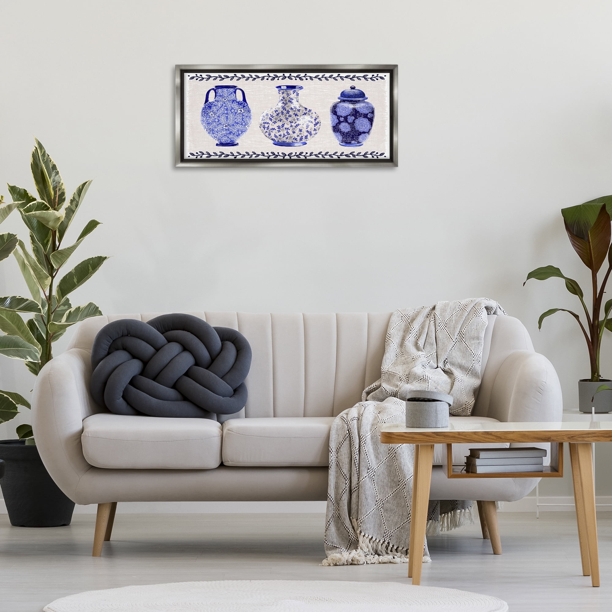 Stupell Industries Traditional Blue Vases Plants & Flowers Painting Gray Floater Framed Canvas Art Print Wall Art, 31 x 14