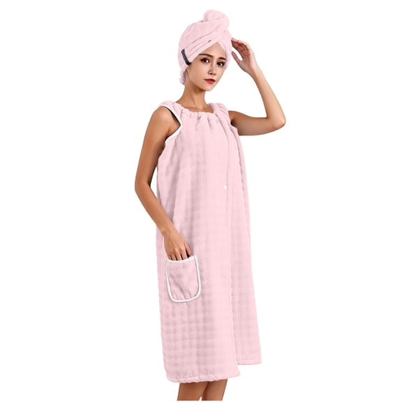 APEXFWDT Women's Towel Wrap with Hair Towel, Snap Button Spa Shower Fleece Robe Absorbent Microfiber Bathrobe for Home Hotel Pool