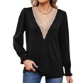 thumbnail image 2 of miqiqism Long Sleeve Tops for Women Lace Vneck Patchwork Tshirts Casual Puff Dressy Casual Elegant Shirts Blouse 2025 Spring Blouse Top,01_Black,Large, 2 of 6
