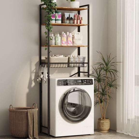 4-Tier Over The Toilet Storage Rack with Adjustable Shelves, Basket & Toilet Paper Holder, Freestanding Space Saver for Bathroom/Laundry Room, Dark Brown