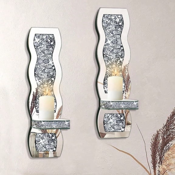 Crystal Crush Diamond Candle Holder Set Of 2 Wavy Silver Mirrored Wall Candle Sconces Wall Decorations For Living Room Dining Room Bedroom