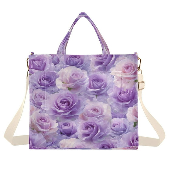 Corduroy Tote Bag for Women Shoulder Handbags Fashion Ladies Purses Satchel Messenger Bags Light Purple Roses Pattern S