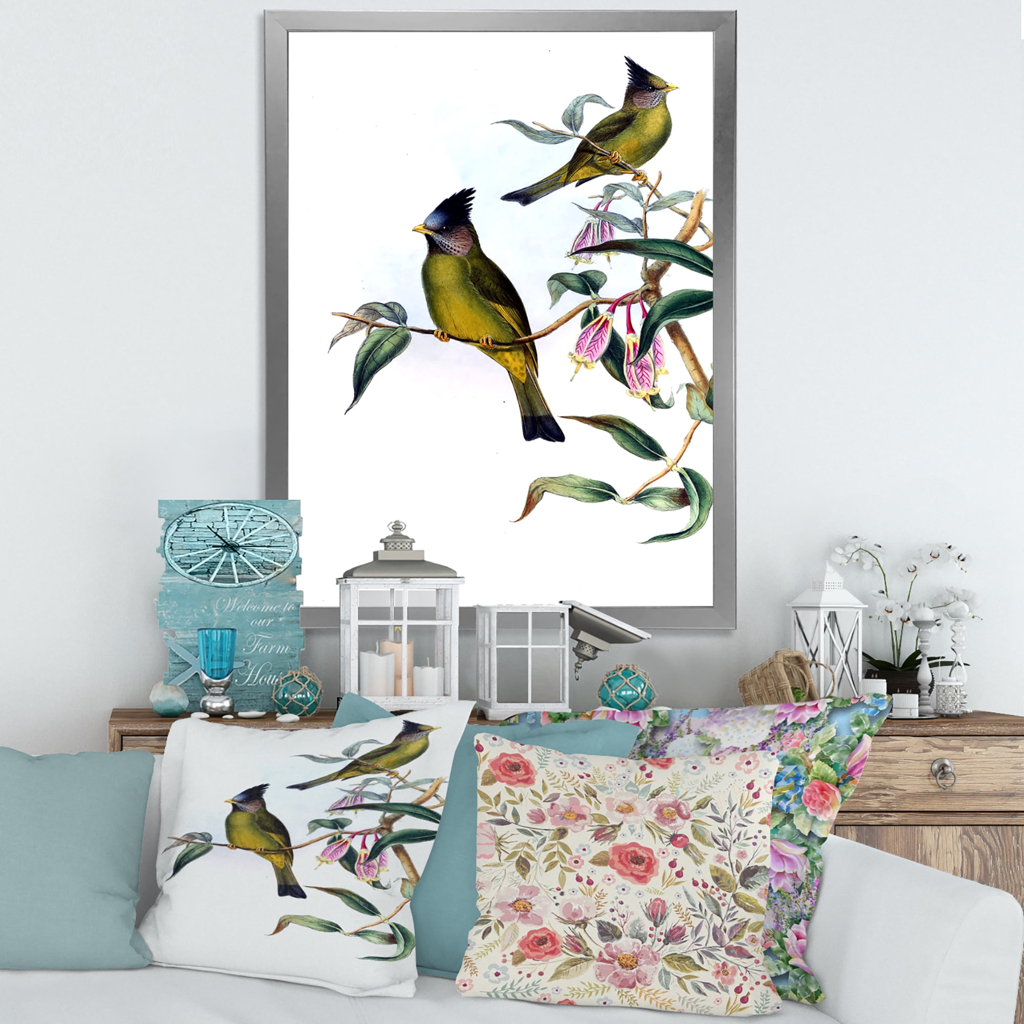 Designart 'Vintage Countryside Birds On Branch II' Farmhouse Framed Art Print