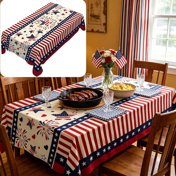 Cififendec 4th of July Tablecloth, 78.74"×55.12", Red White Blue Stripe & Star Block Print, Rectangular Decorative Cover for Independence Day BBQs and 250th Anniversary Celebrations