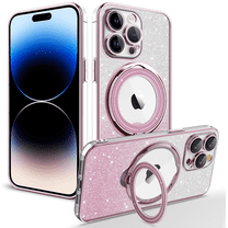 Allytech iPhone 15 Pro Max Clear Case with Glitter Bling Paper, Magnetic Case Compatible with All Magsafe Accessories Anti-Yellow Kickstand Shockproof Phone Case for Apple iPhone 15 Pro Max - Pink