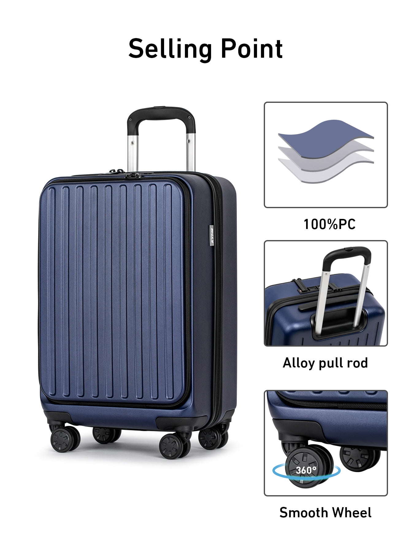Front Open Carry On Luggage Laptop Compartment 100%PC TSA Lock Spinner Wheels 20" Lightweight Hardside Suitcase