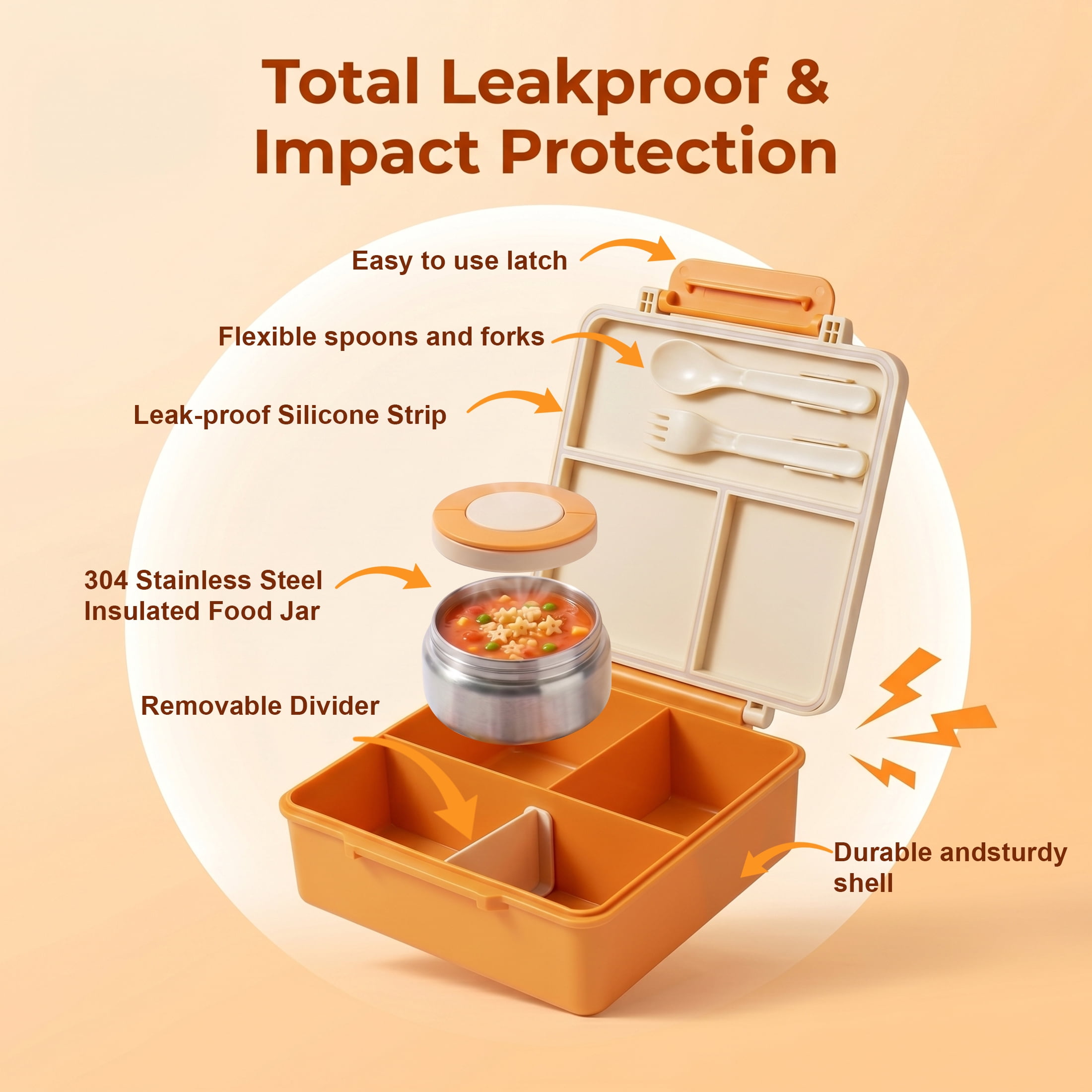 M Buder 1700ML Bento Box for Kids, Leak-Proof Child Lunch Box with 3 or 4 Compartments, 350 ml Insulated Food Jar, Fork, Spoon, Orange