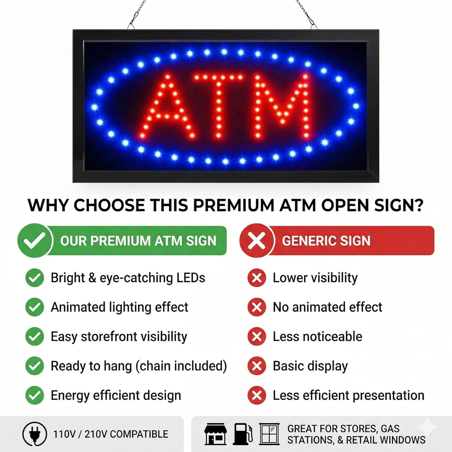 E Onsale ATM LED Neon Light Open Sign With Animation On/off and Power On/Off two Switchs for Business ATM L86