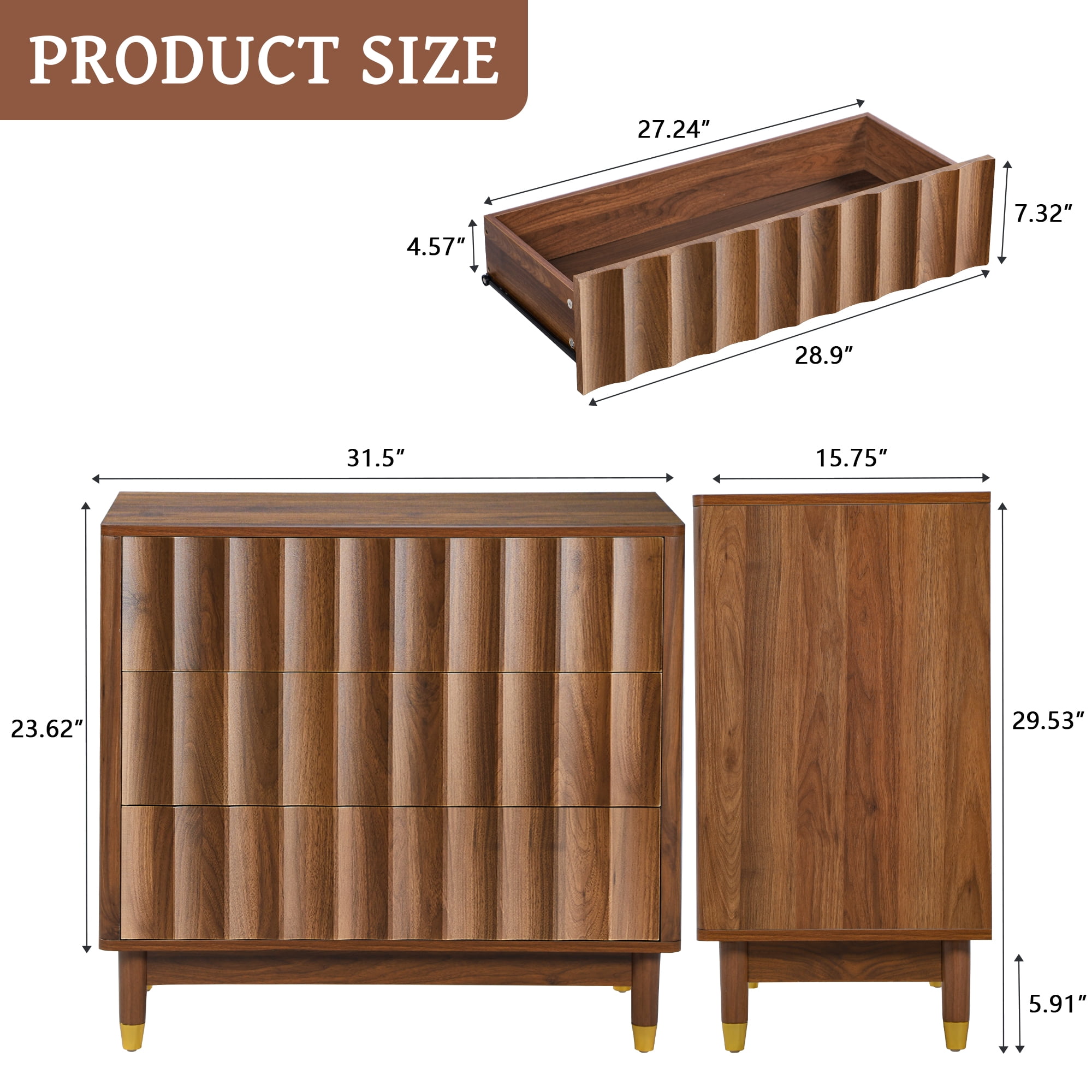 LEFHDA 31.5" Dresser Fluted 3 Drawer Dresser, Small Modern Chest of Drawers, Wood Storage Dressers Organizer Storage Cabinet for Bedroom Living Room Hallway Entryway