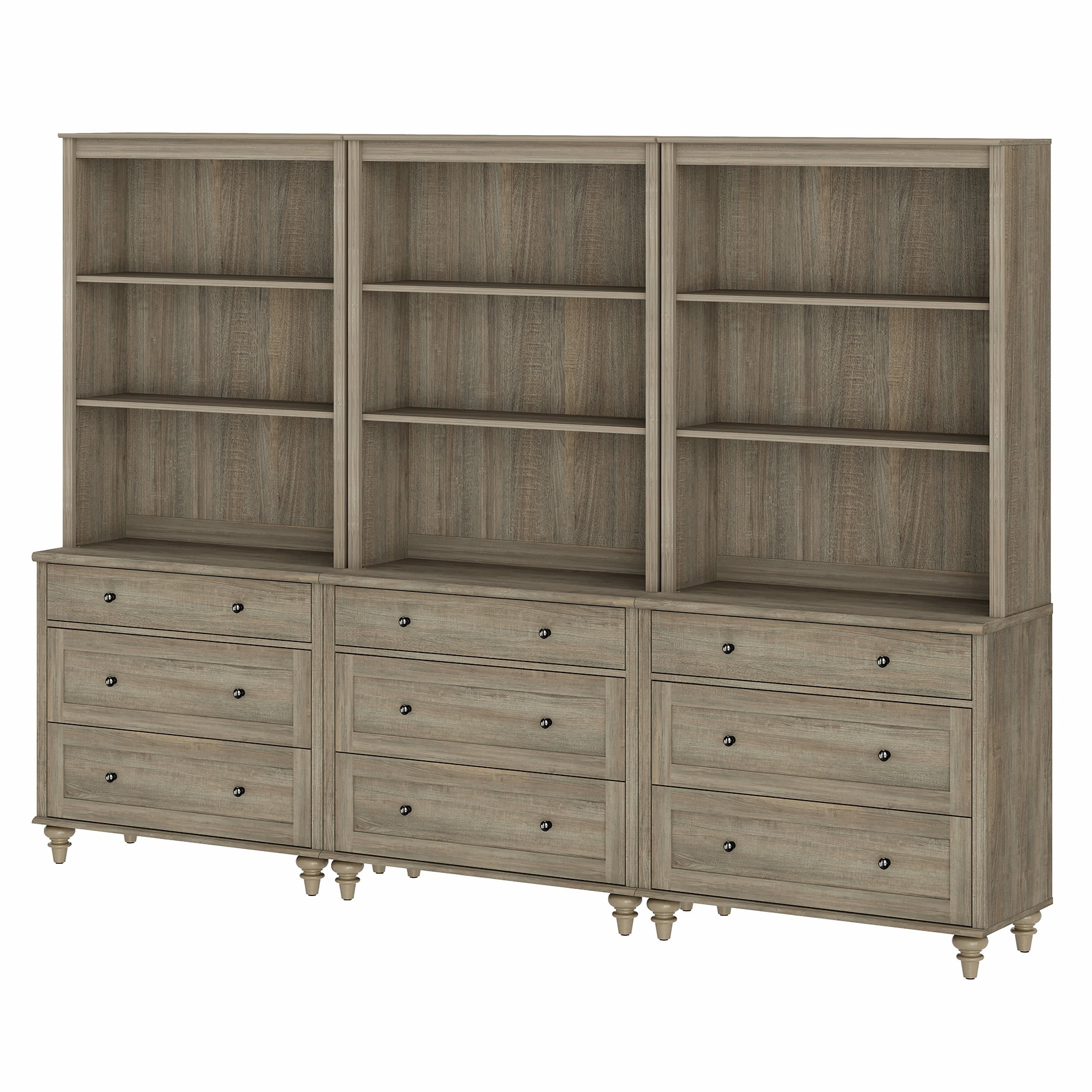 Farmhouse 5 Tier Bookcase With 9 Drawers, Wash Gray, 101.6" W