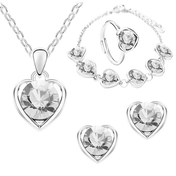 Fiaya Women Crystal Zircon Heart-Shaped Jewelry Set, Simple Elegant Necklace Earrings Ring Bracelet Set of 5, Jewelry Accessories for Women Gift (Silver-White)