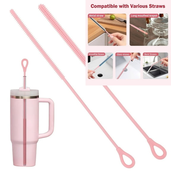 2 PCS Silicone Straw Cleaner Brush, 9.84 Inch Reusable Straw Cleaner with Bendable Steel Core, Extra Long Soft Bottle Brush for Clearing Smoothie Straws, Glass Straws, 9mm & 6mm (Pink)