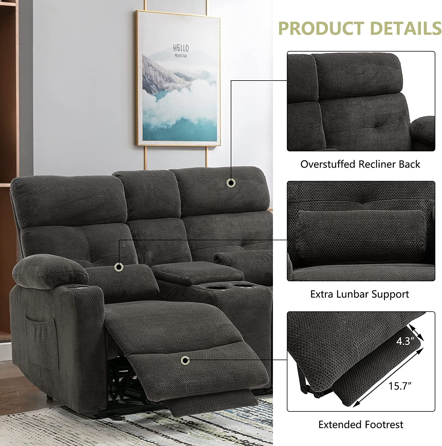 LVUYOYO Power Reclining Loveseat Baby Velvet Massage and Lumbar Heating Recliner