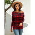 thumbnail image 4 of CALIPESSA Womens Fall Red Check One Shoulder Tops Long Sleeve Casual Loose Shirt, 4 of 5