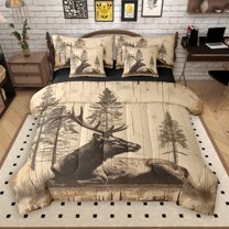 Manfei Reindeer Elk Adult 7-Piece Twin Bedding Sets, Rustic Animal Bedding Comforter Set, Vintage Countryside Cabin Reversible Sheet Sets, Luxury Bedroom Decor