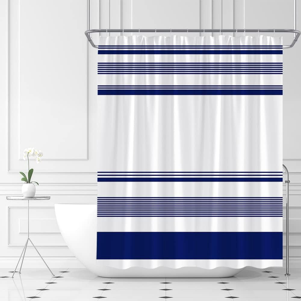 Navy Blue Striped Shower Curtain Blue and White Modern Farmhouse Boho Home Fabric Bathroom Decor Set with Hooks 72"W x 72"L (Pack of 1)