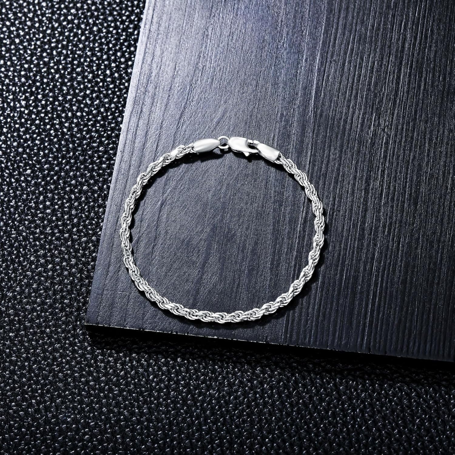 925 Sterling Silver Rope Chain Bracelet 2MM 3MM Diamond-Cut Braided Rope Chain Bracelet for Men Women