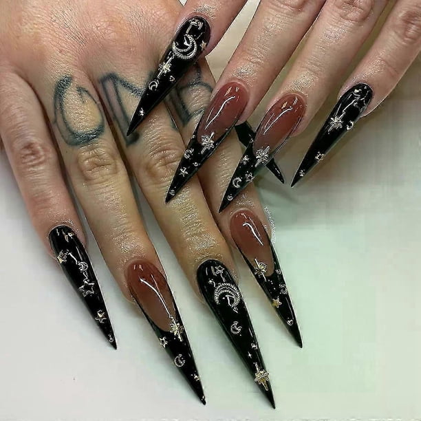 24 uñas postizas de Halloween, uñas largas almendradas, uñas postizas puntiagudas, estilo bailarina francesa, uñas de diamante, uñas postizas para realce de uñas artificiales.
