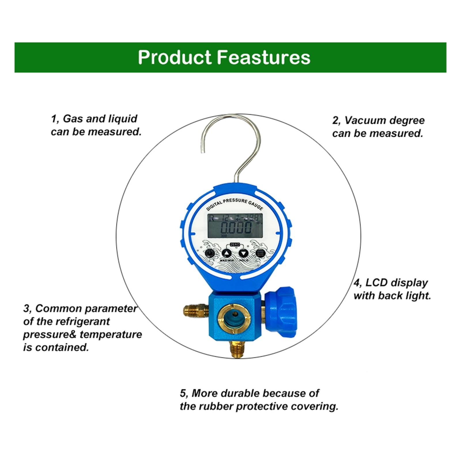 Pressure Gauge Refrigeration Manifold Tester Meter Digital Vacuum Pressure HVAC Temperature Tester Air Conditioning Repair Tool ,Easy to Use