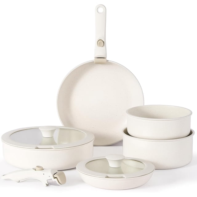 vkoocy Vkoocy pot and pan set with removable handle, Nonstick Cookware Set Detachable Handle, Induction Kitchen Camping Stackable Pots Pans, Dishwasher/Oven Safe, Cream