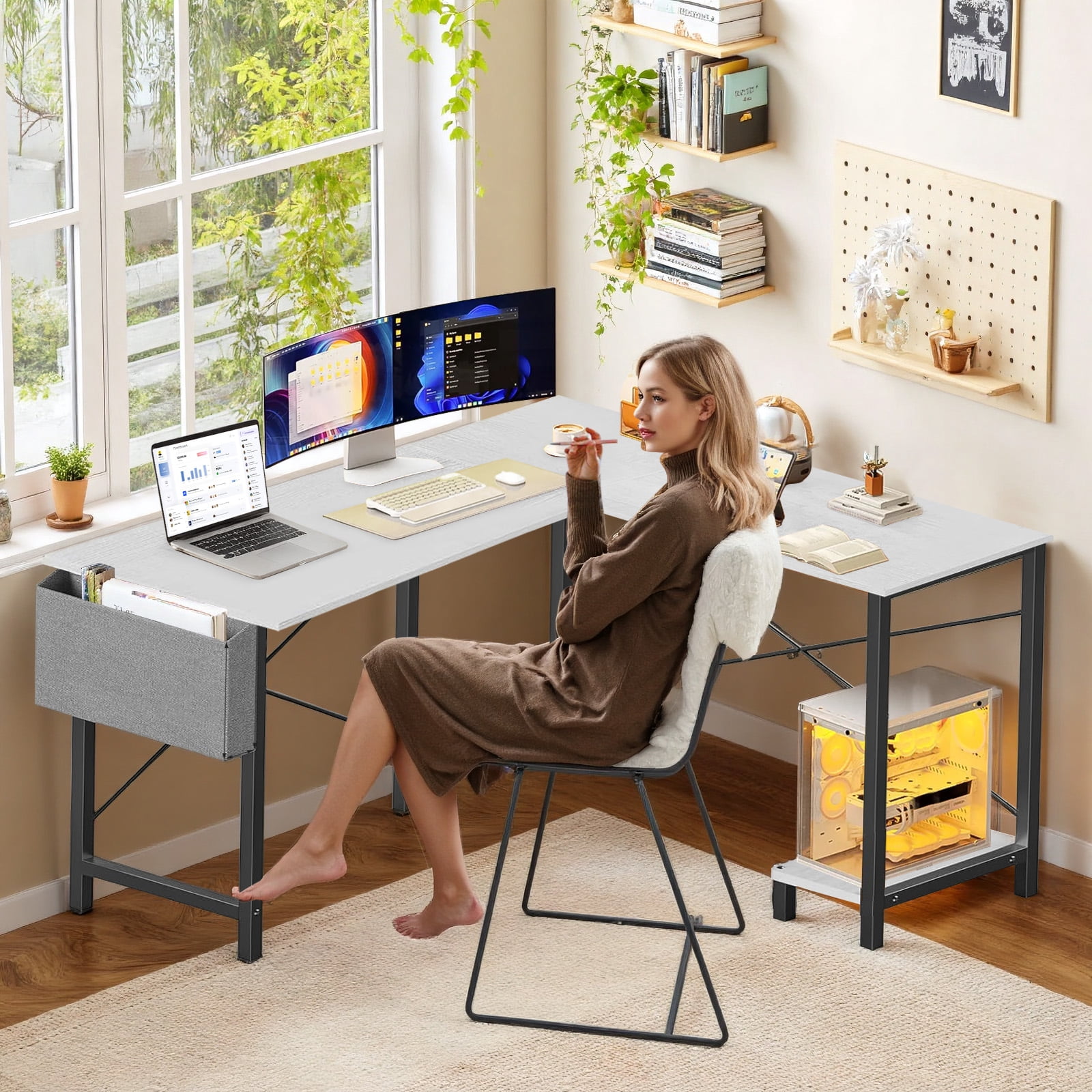 Sybels 50-inch L-Shaped Gaming Computer Desk with CPU Stand & Side Bag, Corner PC Workstation for Home Office, Small Space Saver,White