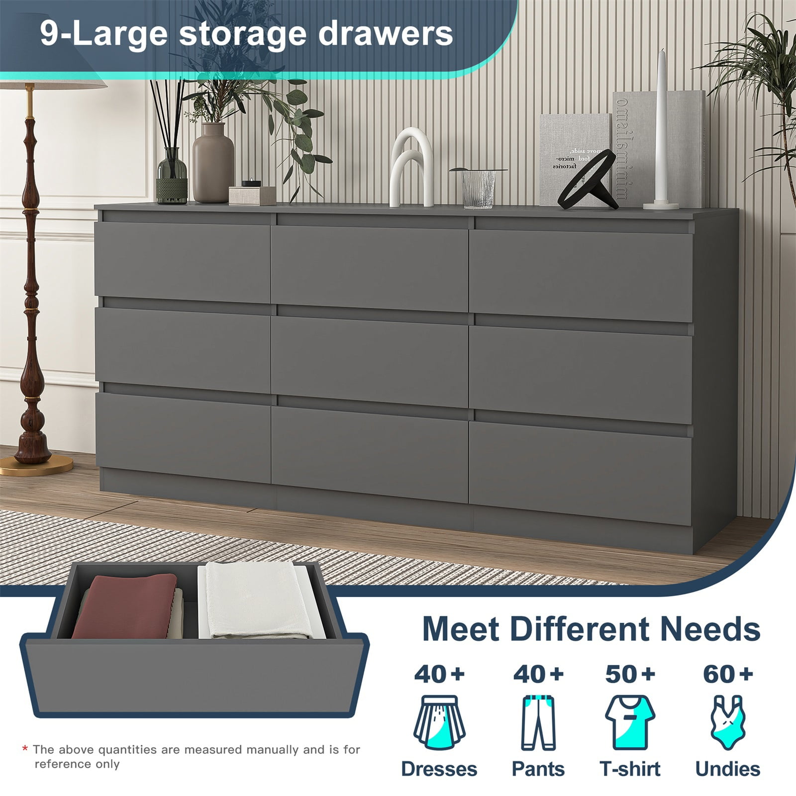 Hommoo Gray 9 Drawer Dresser, Wood Modern Storage Cabinet Dresser Organizer, Chest of Drawers for Living Room, Closet, Hallway, Nursery