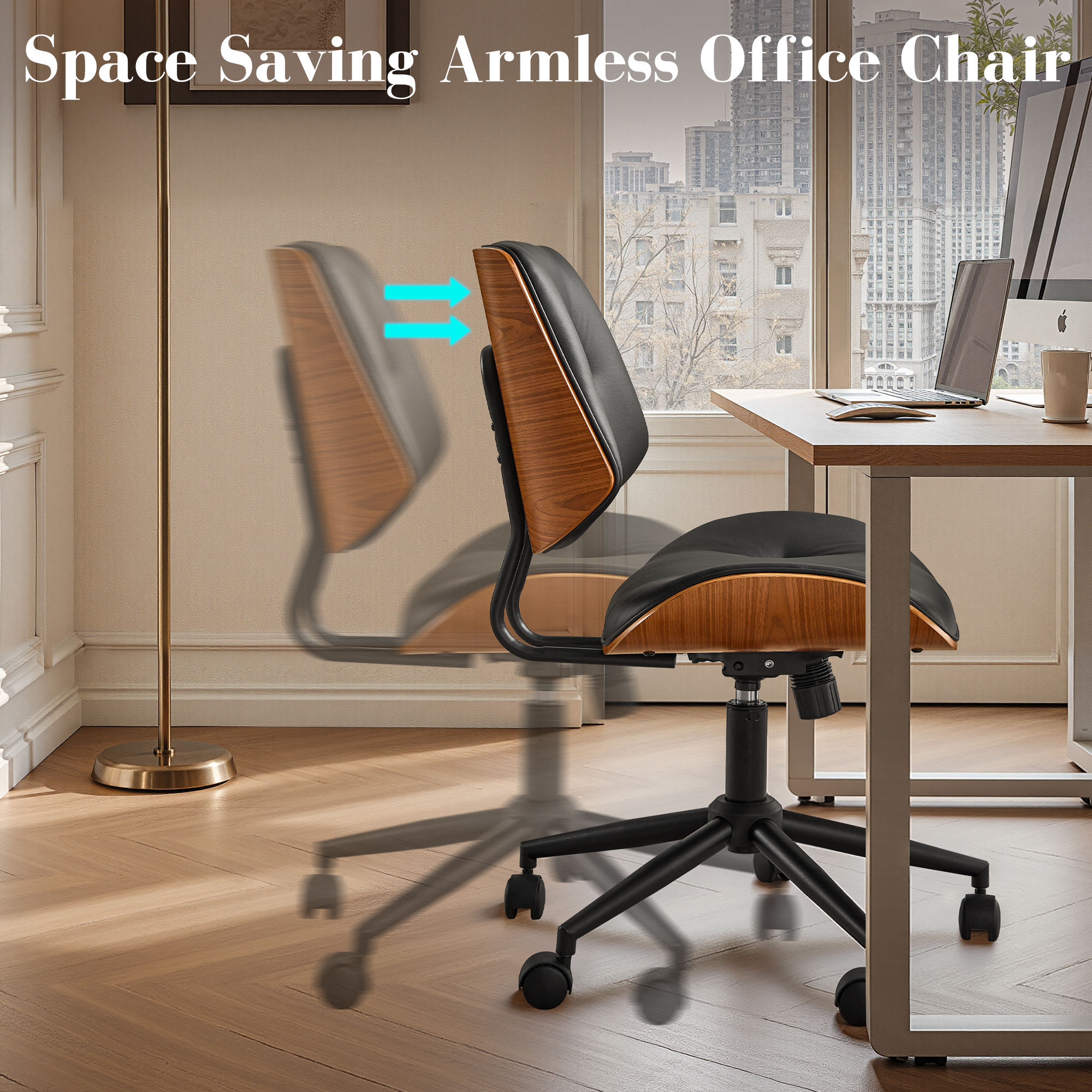 Toject Office Chair, Task Chair with Wooden Back, Mid-Century Modern Computer Chair, Armless Desk Chair for Home Office, Black