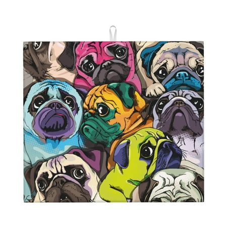 

Lukts Colorful Pug Print Ultra Water Dish Drying Mat Slip Resistant Pad for Sink Dishes or Under Rack Kitchen Counter Accessories
