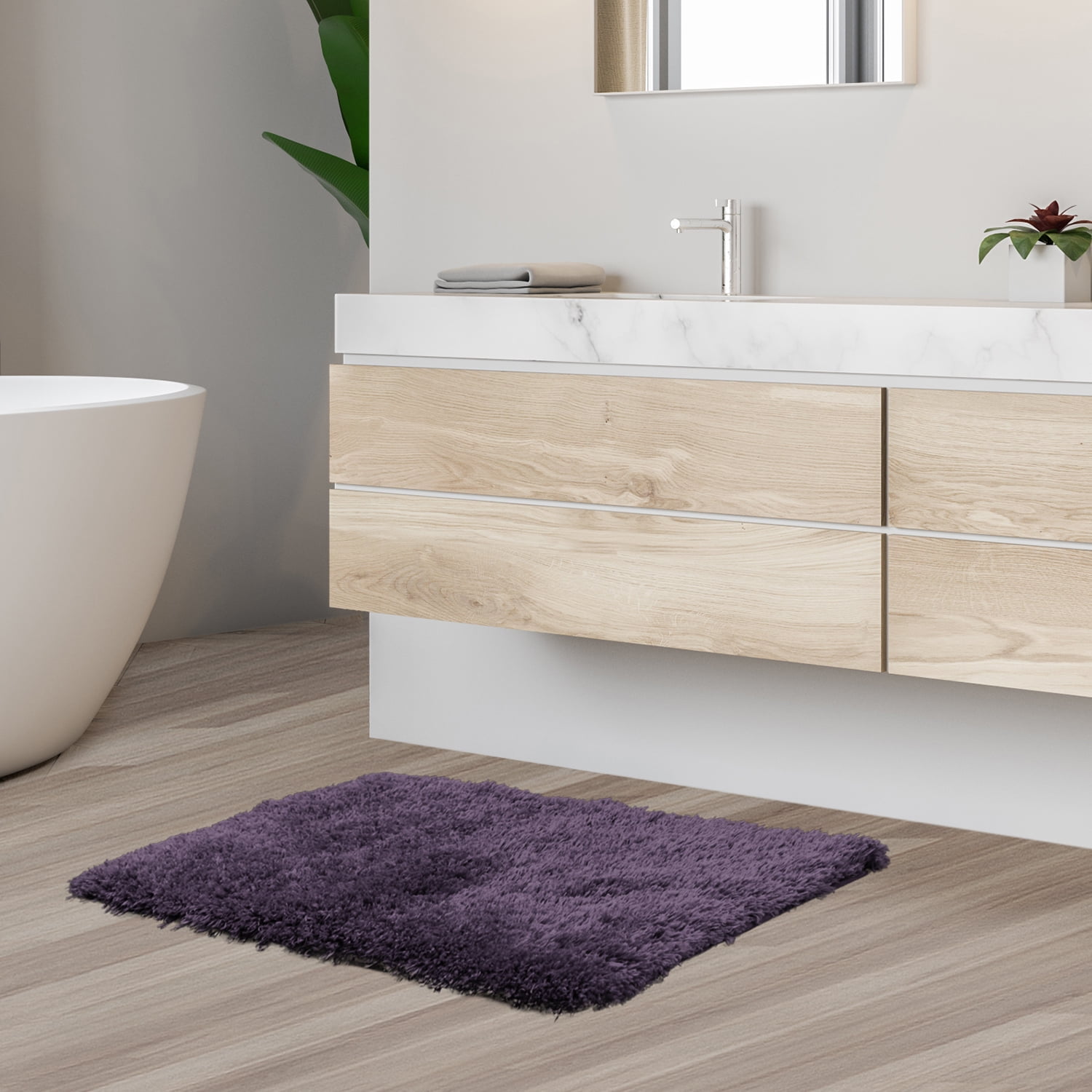 Clara Clark 3-Piece Shaggy Eggplant Microfiber Bathroom Rug