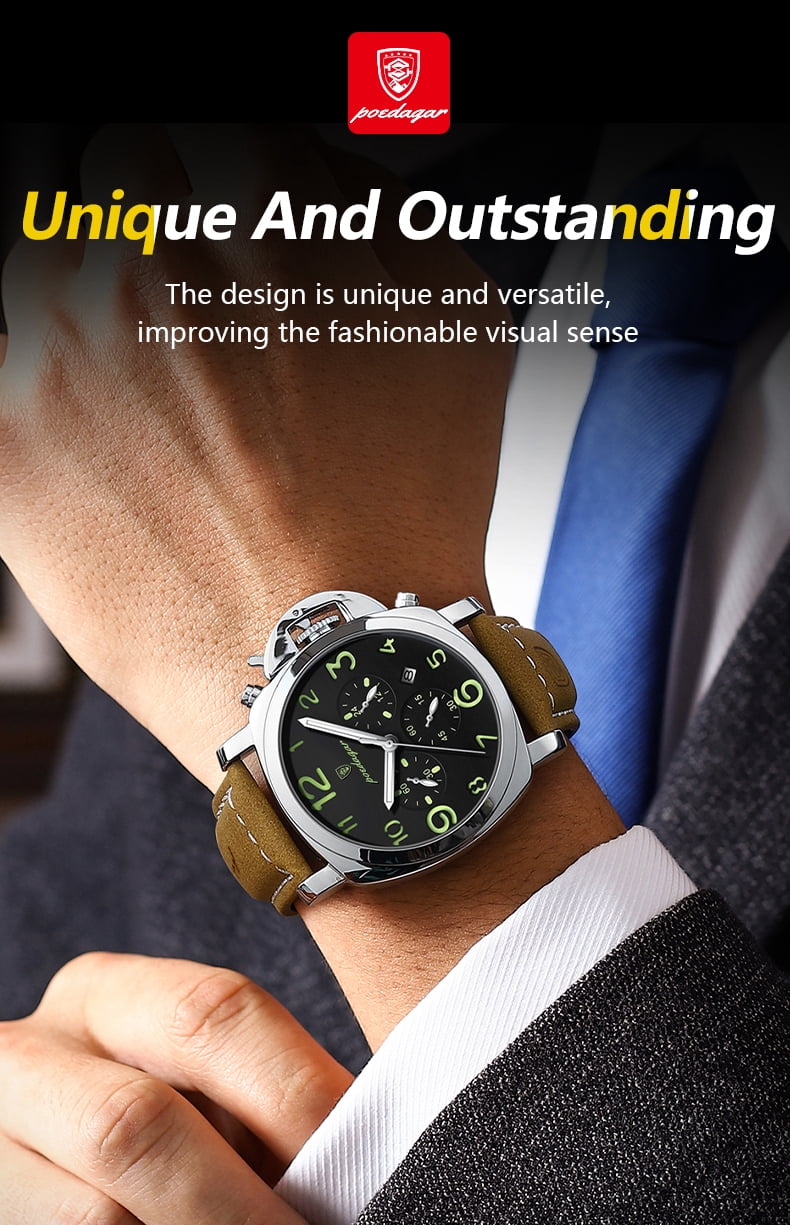 Poedagar Leather Strap Men's Luxury Sports Waterproof Luminous Date Chronograph Quartz Watch