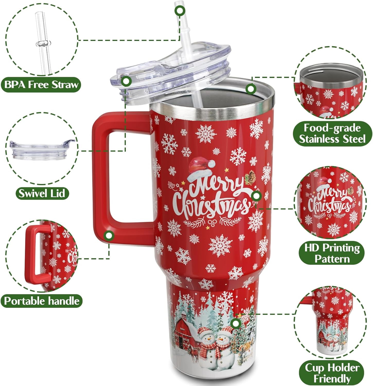 Christmas Tumbler 40 oz Christmas Tumblers with Handle and Straw Farmhouse Red Snowman Stainless Steel Insulated Coffee Cups Mugs Christmas Gifts Stuff Decor for Women Girls
