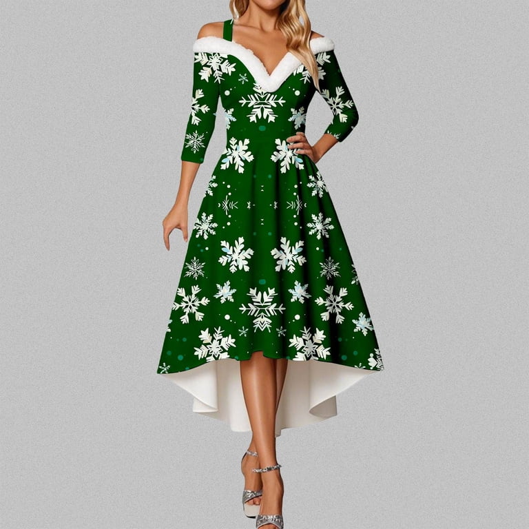 dark green dress for christmas IWRICH Women's off Shoulder Graphic Dresses Warm Shaggy V Neck Xmas Tree Snowflake High Low Skirts 2025 S Merritt