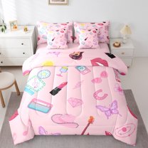 Manfei Girly Pink Fashion Twin Bedding Sets 7-Piece for Teen, Cartoon Princess Hat Bedding Comforter Set, Kawaii Butterfly Reversible Sheet Sets, Breathable Home Decor