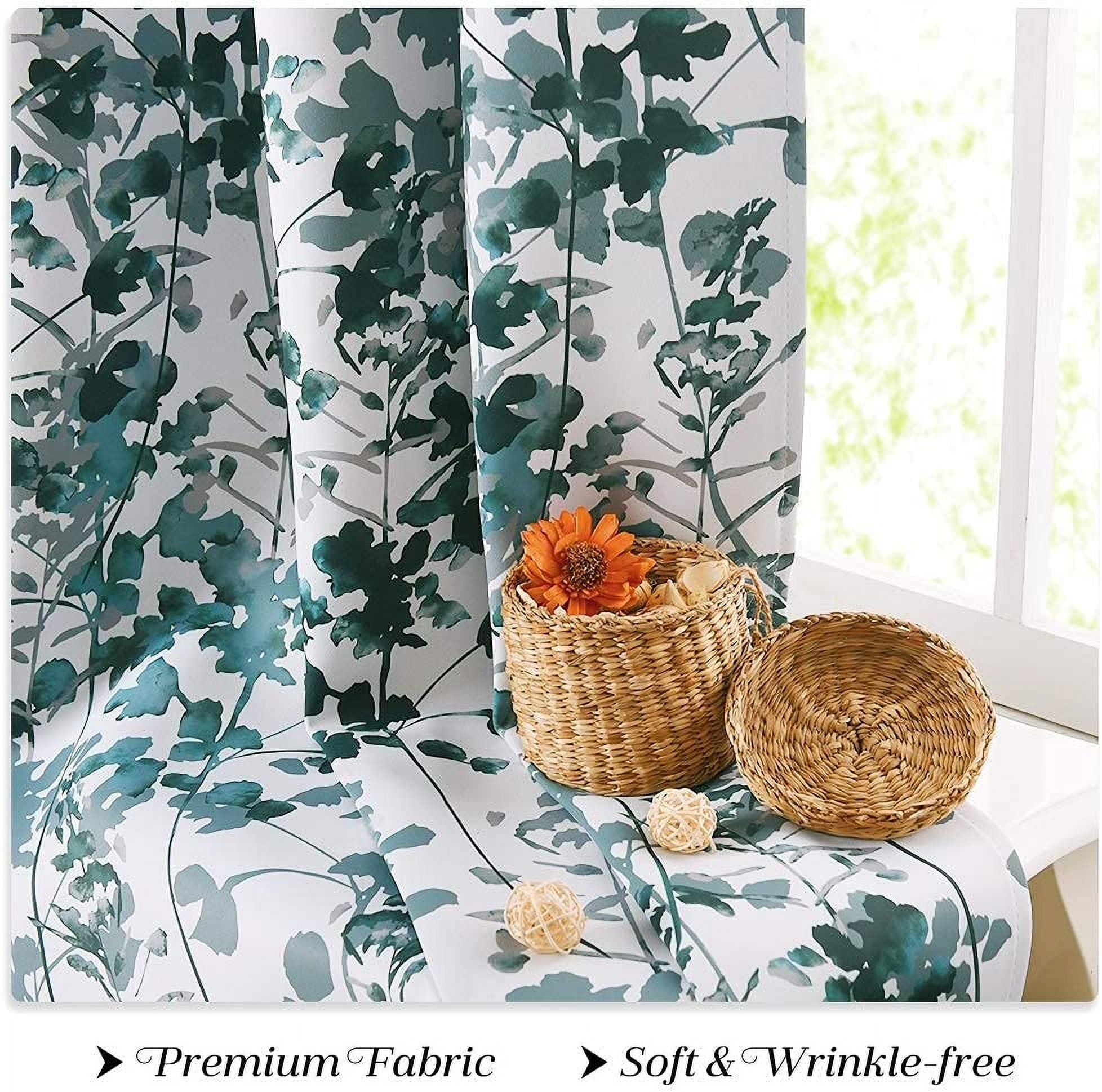 NICETOWN Floral Curtains for Kitchen, Vivid Watercolor Floral Painting Blackout Curtains Thermal Insulated Privacy Drapes for Art Gallery, Green, 52"x63", 2 Panels