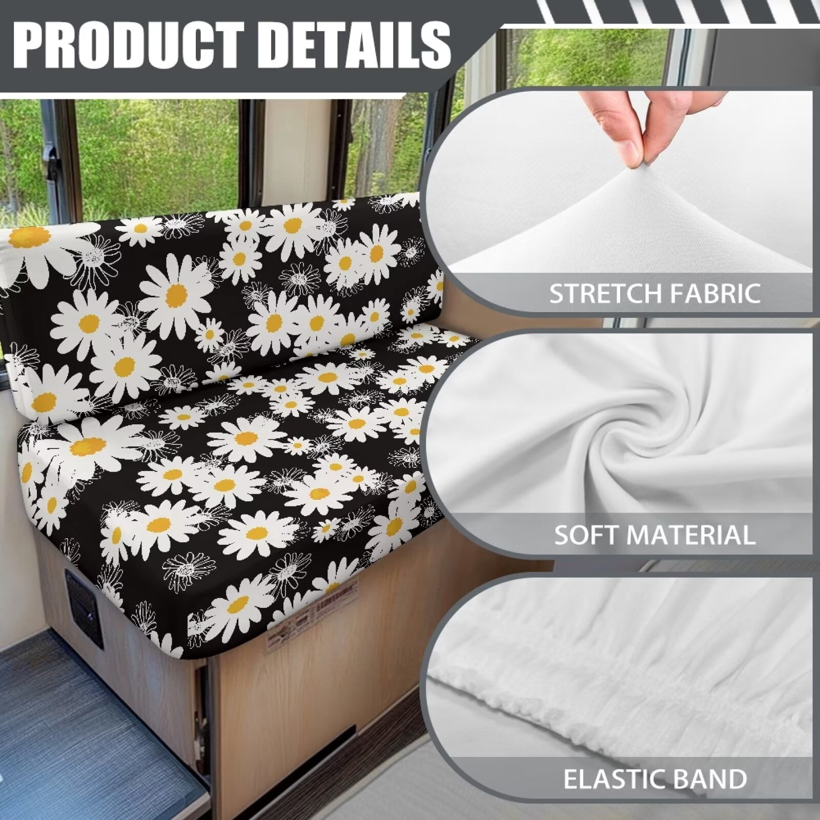 XYZCANDO Cute Daisy RV Dinette Cushion Covers Universal RV Accessories Outdoor Travel Use Comfortable Bench Cushion Stretchable Couch Cover 2 Cushion Sofa Washable Sofa Cover Gifts for Friend