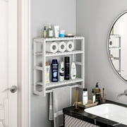 Bamworld Bathroom Shelves Bathroom Organizer Adjustable 3 Tiers Bamboo Floating Shelf over the Toilet Storage with Hanging Rod (White)