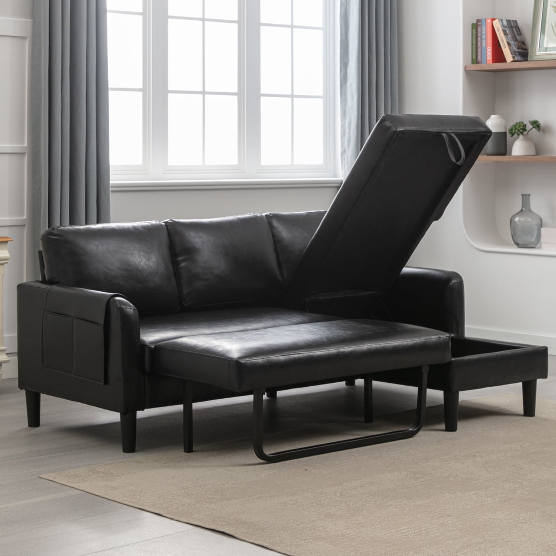 Resenkos Air Leather L Shaped Sleeper Sectional Sofa with Storage Chaise, Couch Convertible Pull-Out Bed, Black Resenkos Air Leather L Shaped Sleeper Sectional Sofa with Storage Chaise, Couch Convertible Pull-Out Bed, Black