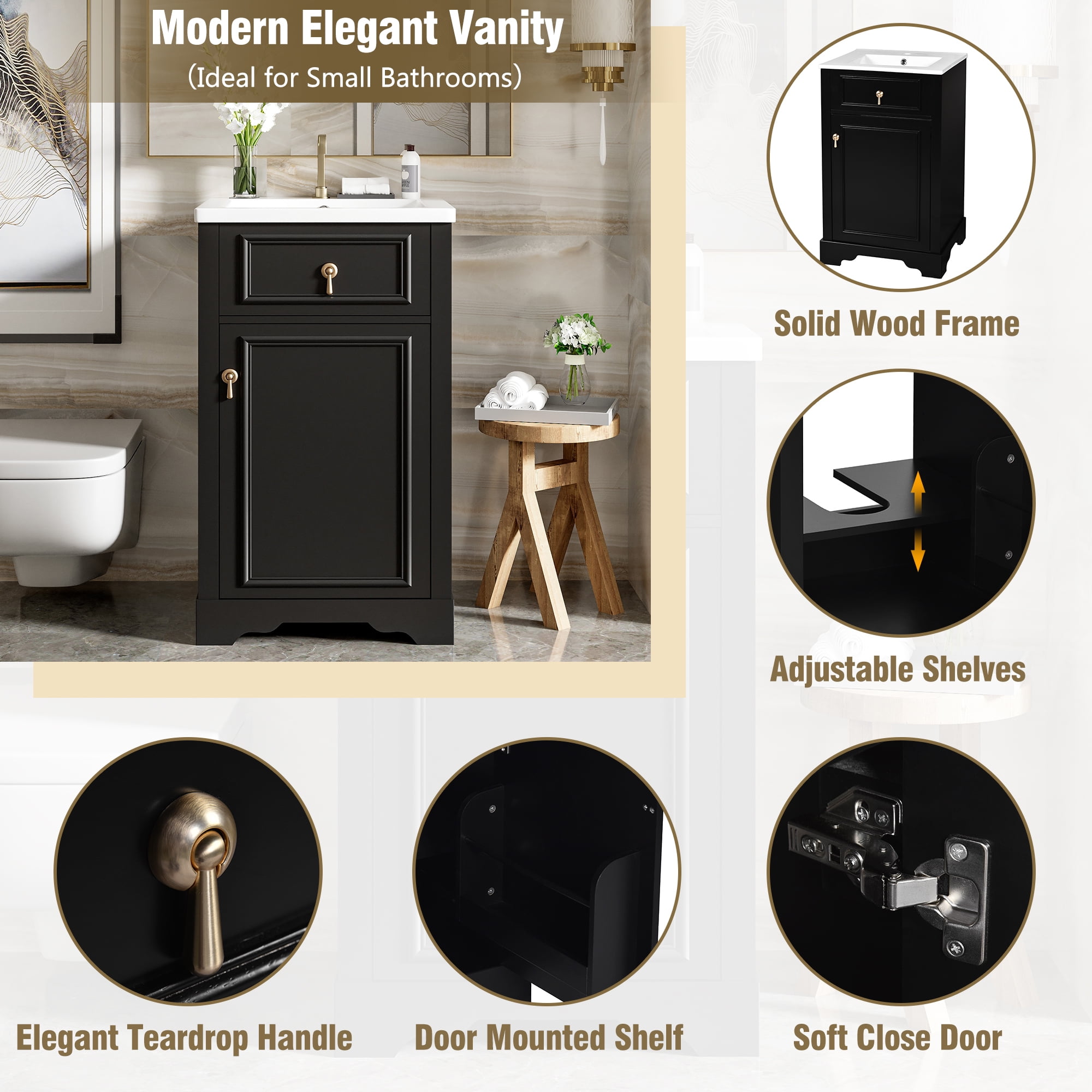 EUROCO 20" Bathroom Vanity with Ceramic Sink,Solid Wood Bathroom Makeup Cabinet with Soft Close Door,Adjustable Shelf, Drawer and Door-Mounted Storage Rack,Black