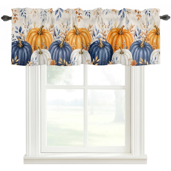 Navy Blue Pumpkins Fall Kitchen Valances for Windows, Thanksgiving Eucalyptus Farmhouse Bathroom Window Valances 60x18 Inch Rod Pocket Window Treatments Valance Curtains for Living Room Bedroom Decor