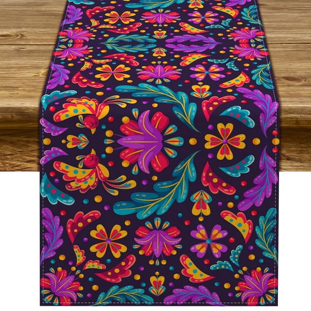 Mantel de lino con diseño de calavera de azúcar mexicana para el hogar, la cocina y el comedor (13 x 72 pulgadas)