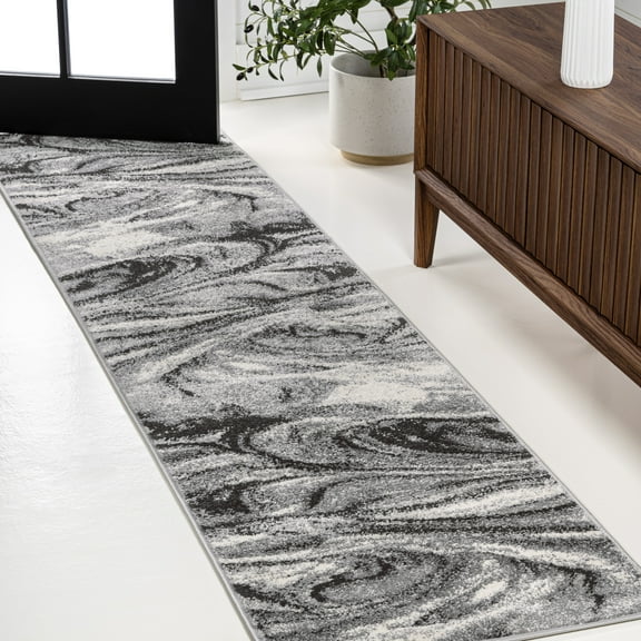 JONATHAN Y SUPERSOFT 2 x 8 Runner Rug, Viscon Abstract Marble - Light Gray/Black, SEU207A-28