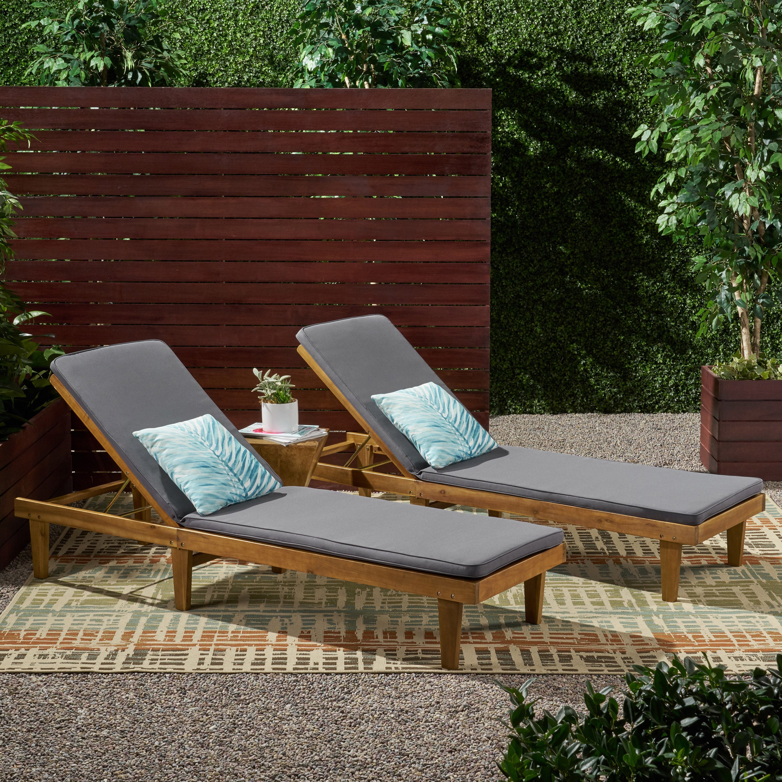Teresa Outdoor Modern Acacia Wood Chaise Lounge with Cushion (Set of 2
