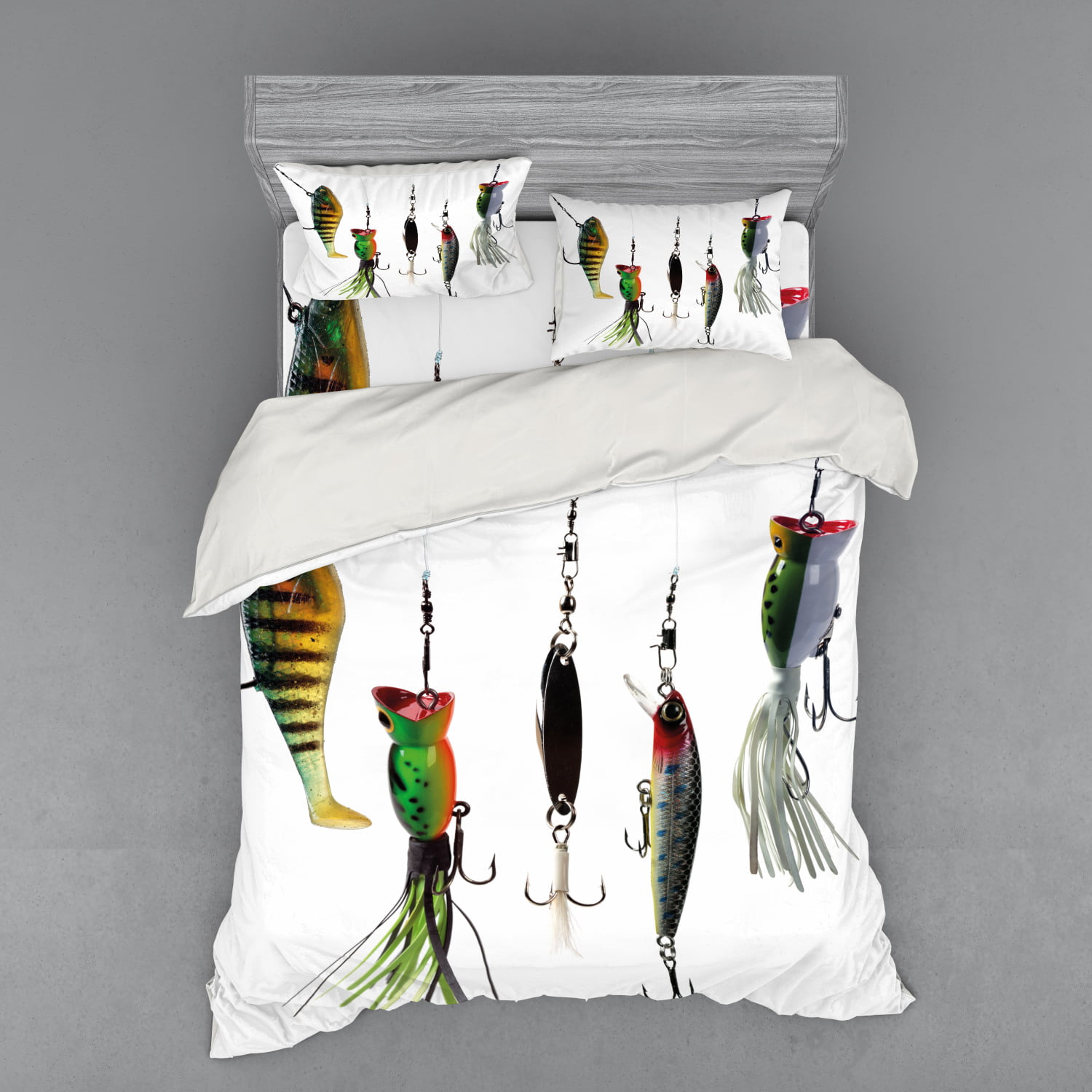 Decorative 2 Piece Bedding Set with 1 Pillow Sham Various Type of Fishing Baits Hobby Leisure Passtime Sports Hooks Catch Elements Ambesonne Fishing Duvet Cover Set Twin Size White