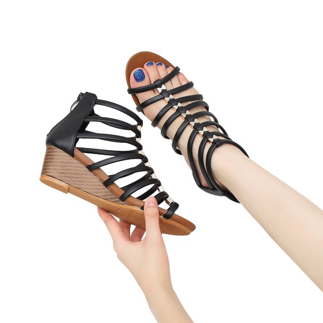 LSLJS Women's Slide Wedge Sandals Open Toe High Heel Zipper Back Platform Wedge Sandals Retro Hollow Out Roman Sandals Sloping Heels Sandals