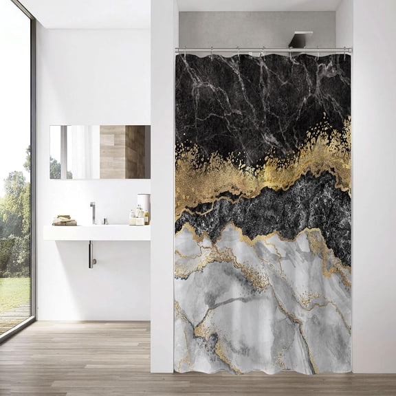 Small Stall Shower Curtain 36 x 72, Black Marble Half Size Shower Curtain, Gold Abstract Narrow Shower Curtain for Bathroom Decor, Grey Modern Fabric 36 inch Shower Curtain Set