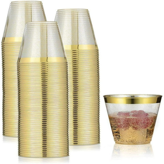 100 Pack 9oz Plastic Cups Gold Glitter with a Gold Rim - Premium Disposable Party Cups - Elegant and Classy Sturdy Cups