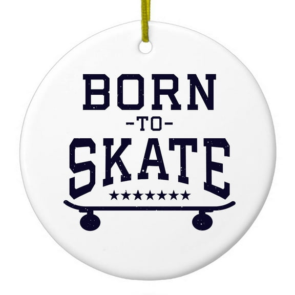 DistinctInk Hanging Ceramic Christmass Tree Ornament with Gold String - Great Gift / Present - 2 3/4 inch diameter - Born to Skate - Skating