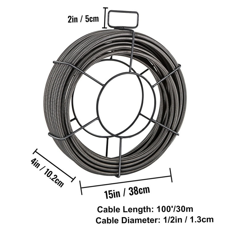 Solid Core Drain Cleaning Cable - 100 Feet x 1/2 Inch - Sewer Auger Snake  for Clog Pipe - Sewer Drain Cleaner