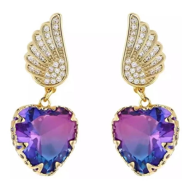 Aretes Alas Corazón Cristal Degradado Oro Laminado 14k dorado Unitalla